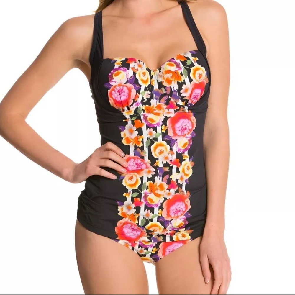 SEAFOLLY Romeo Rose DD Balconette Singlet Floral Swim Tankini Top  Black Size 6
